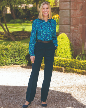 Blouse and trouser outfit with belt